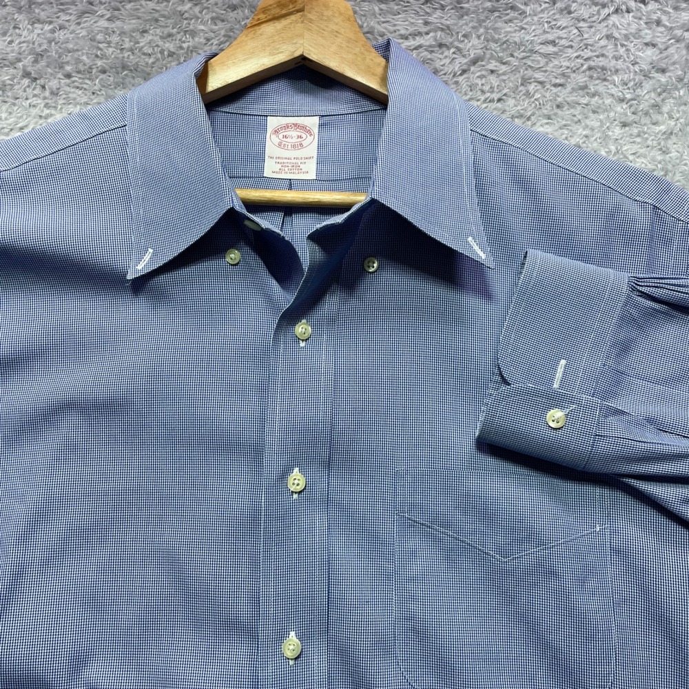 Brooks Brothers Mens 16.5 36 Dress Shirt Blue Houndstooth Button Down